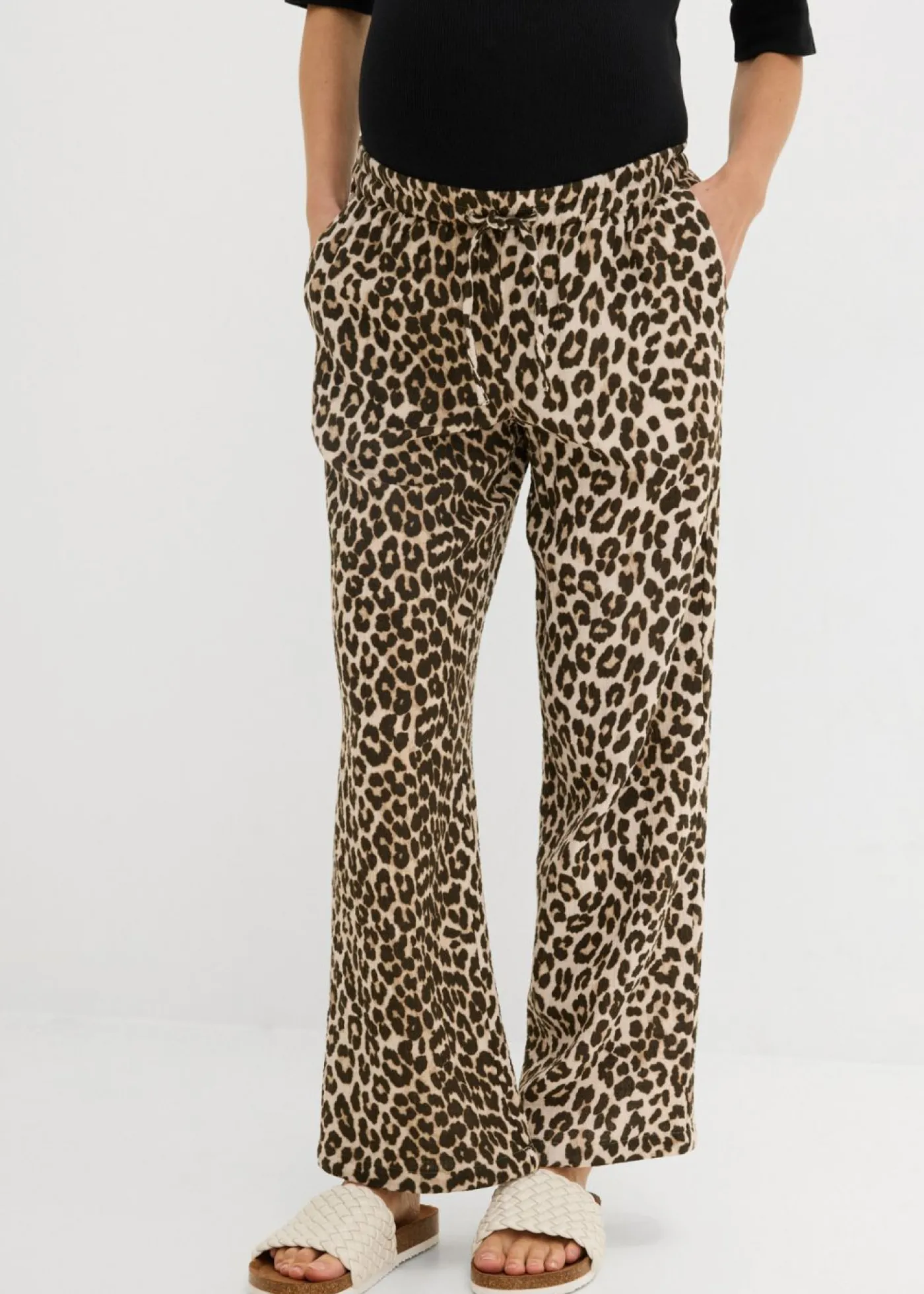 bonprix bonprix Pantalón 2 en 1 de muselina pura de algodón para durante y después del embarazo estampado leo piedra-marrón medio-marrón oscuro-marrón castaño-negro Hot
