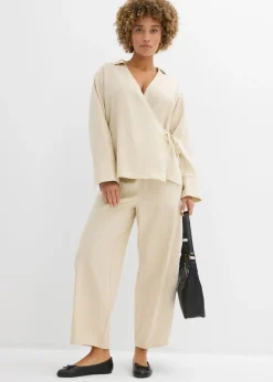 bonprix bonprix Pantalón acampanado de mezcla de lino ligero Arena claro New