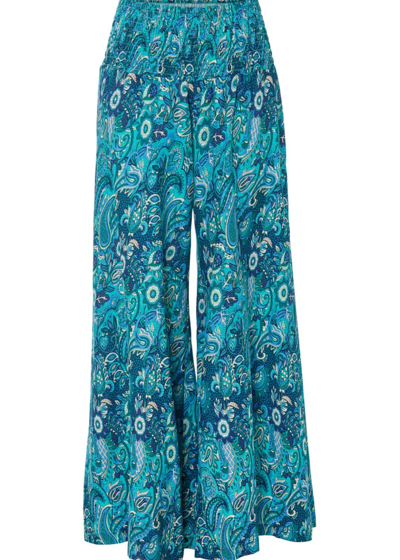 bonprix bonprix Pantalón ancho con cintura de nido de abeja esmeralda oscuro/azul provenzal Outlet
