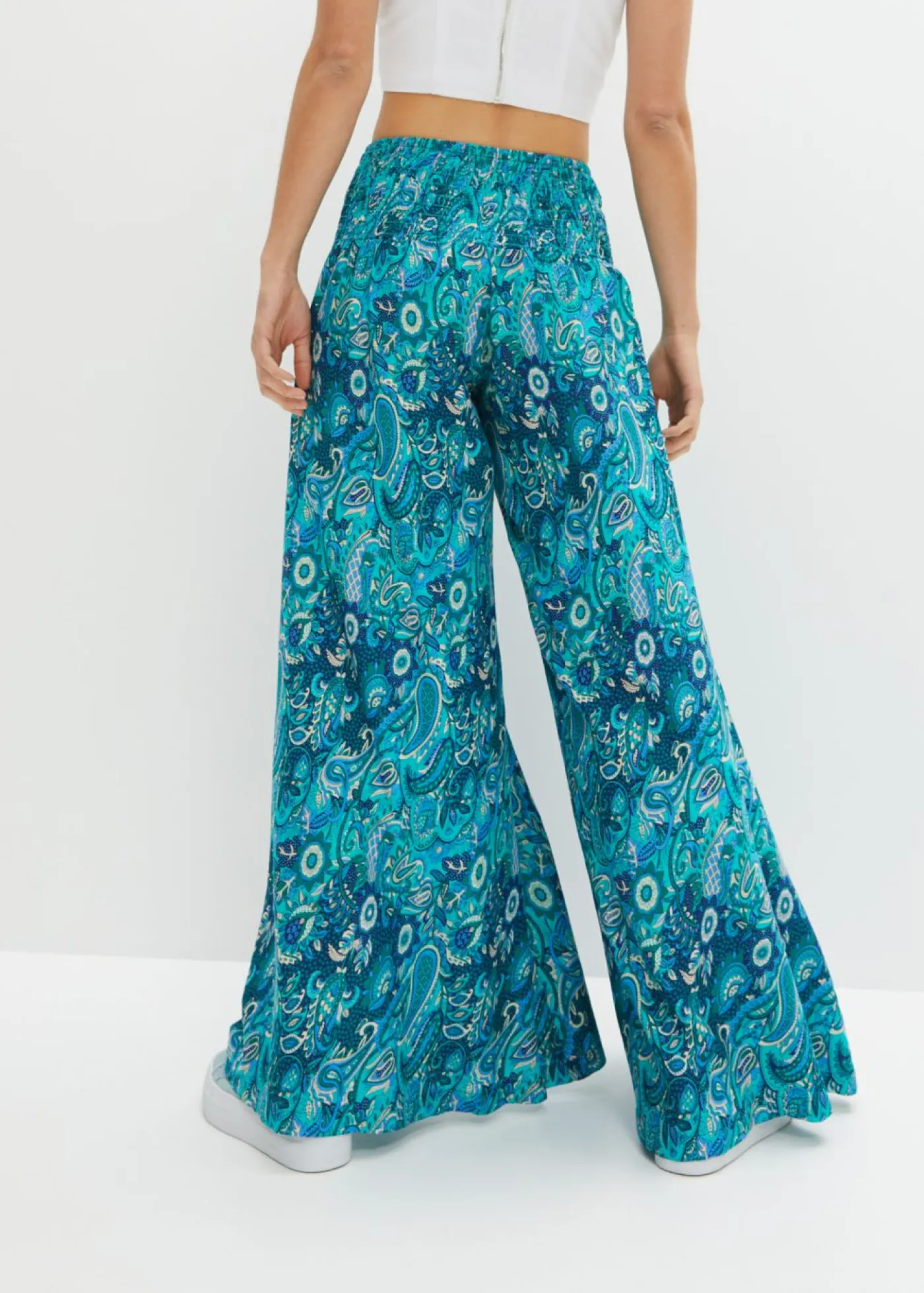 bonprix bonprix Pantalón ancho con cintura de nido de abeja esmeralda oscuro/azul provenzal Outlet