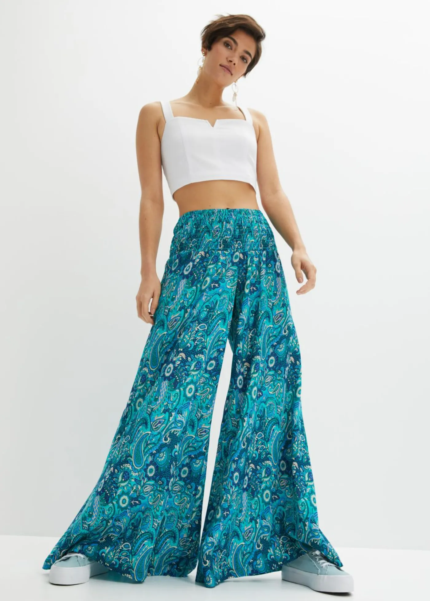 bonprix bonprix Pantalón ancho con cintura de nido de abeja esmeralda oscuro/azul provenzal Outlet