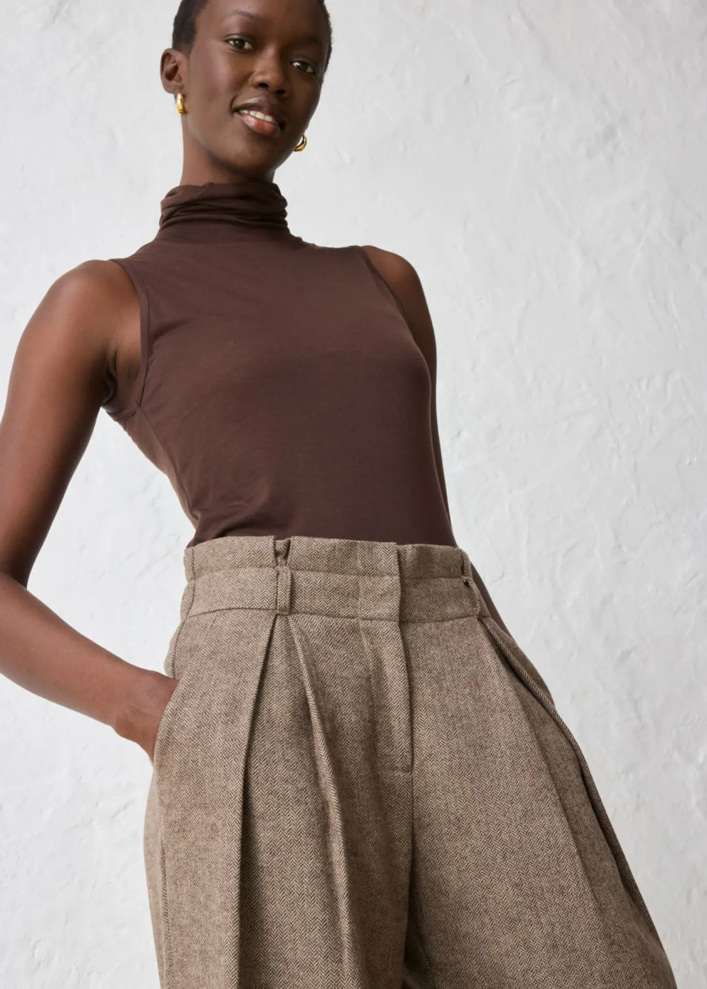 bonprix bonprix Pantalón ancho con lana marrón oscuro moteado Hot