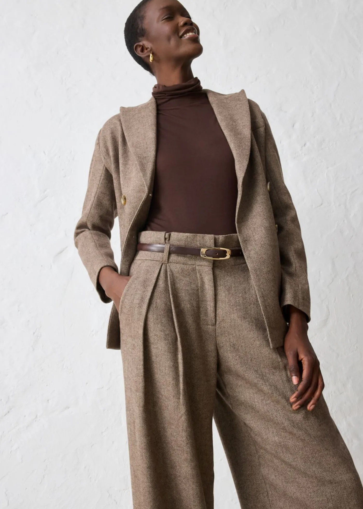 bonprix bonprix Pantalón ancho con lana marrón oscuro moteado Hot