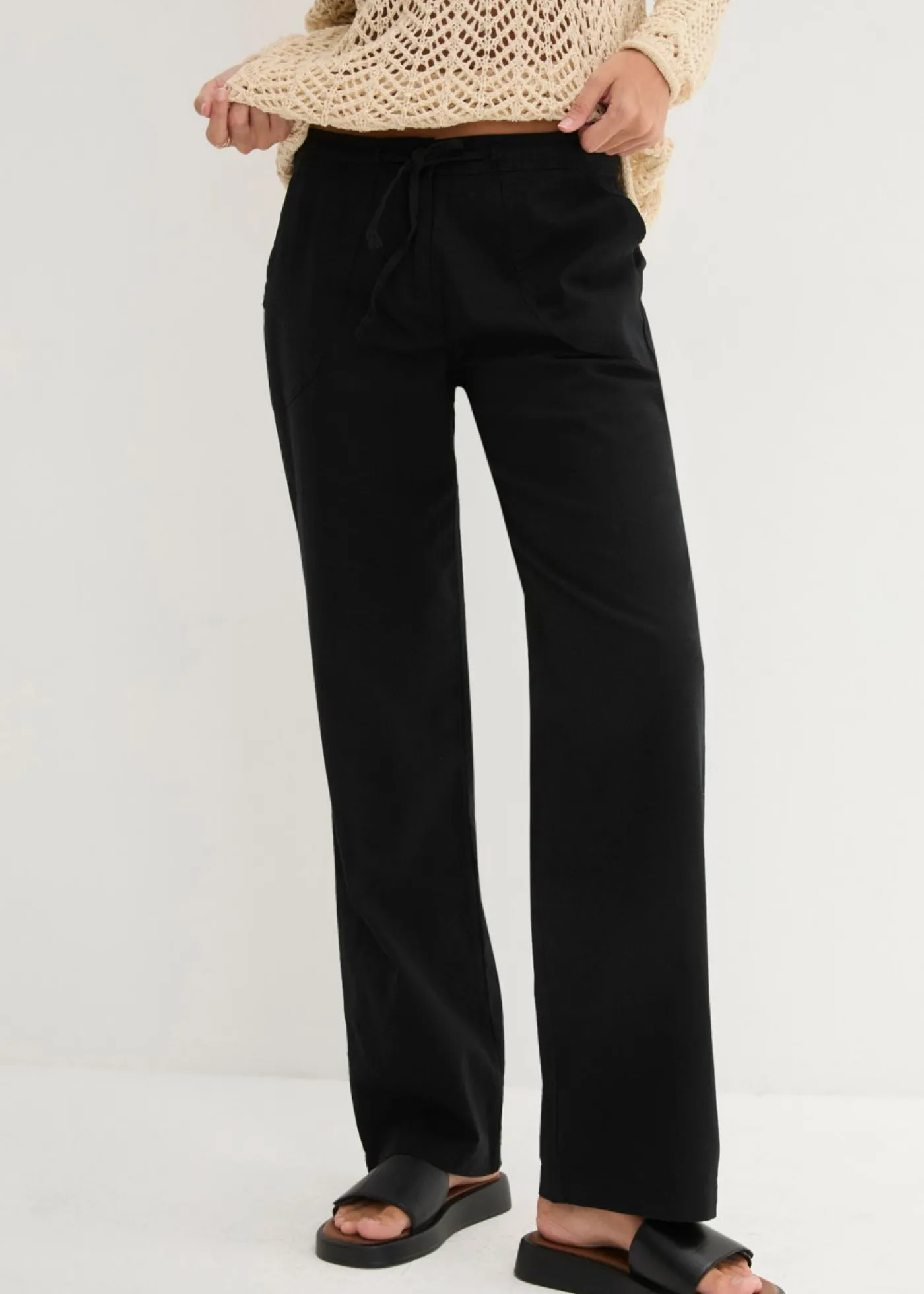 bonprix bonprix Pantalón ancho con lino Negro New