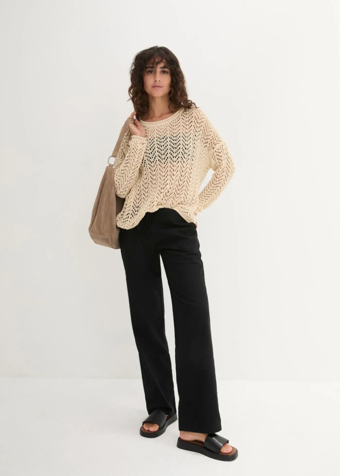 bonprix bonprix Pantalón ancho con lino Negro New