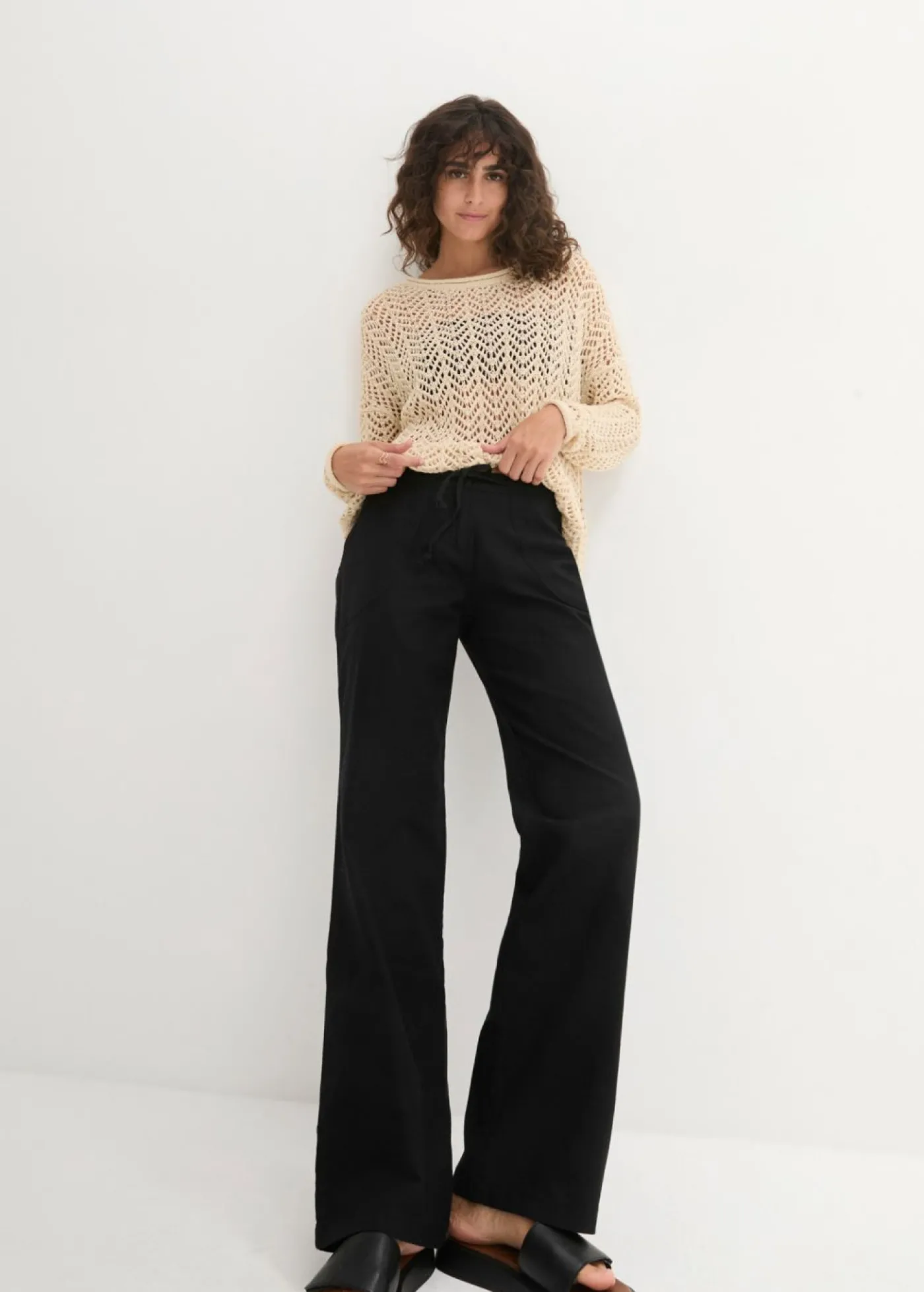 bonprix bonprix Pantalón ancho con lino Negro New
