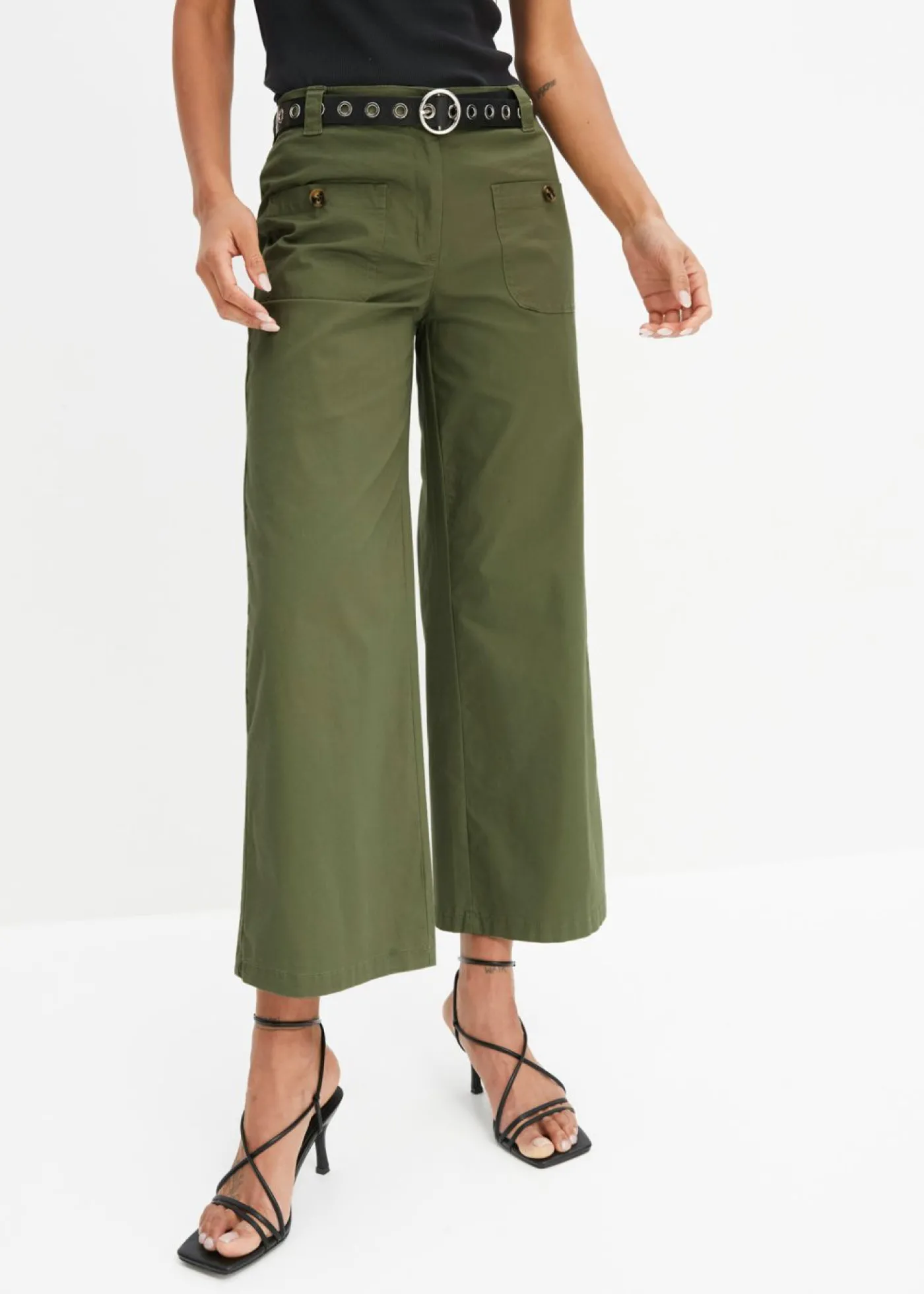 bonprix bonprix Pantalón ancho de cinturilla cómoda y talle alto Verde oliva New