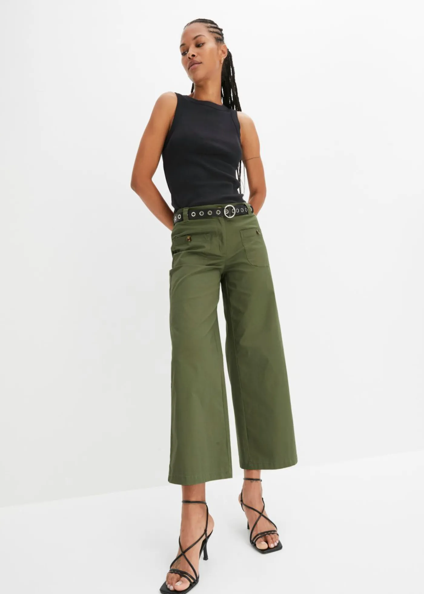 bonprix bonprix Pantalón ancho de cinturilla cómoda y talle alto Verde oliva New