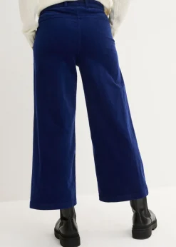 bonprix bonprix Pantalón ancho de pana elástica con cintura cómoda high waist, largo 7/8 Azul oxford Outlet