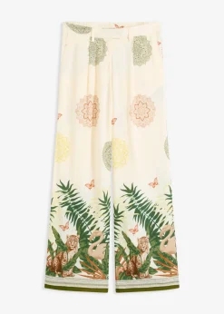 bonprix bonprix Pantalón ancho de viscosa con estampado en el borde Blanco-crema Discount