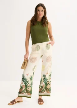 bonprix bonprix Pantalón ancho de viscosa con estampado en el borde Blanco-crema Discount