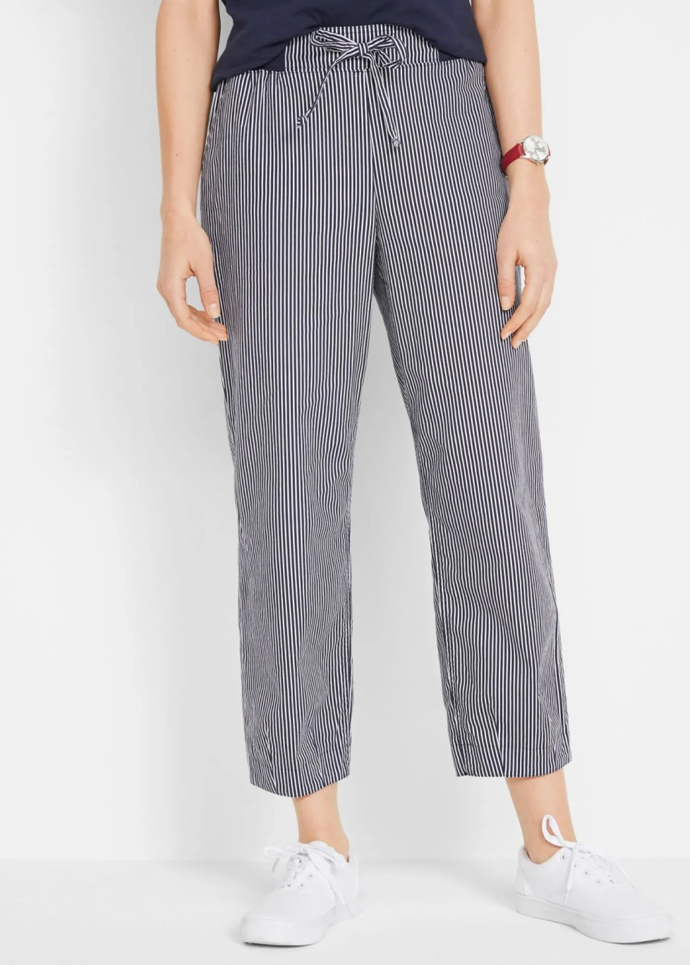 bonprix bonprix Pantalón capri de lino Azul oscuro-blanco de rayas Hot