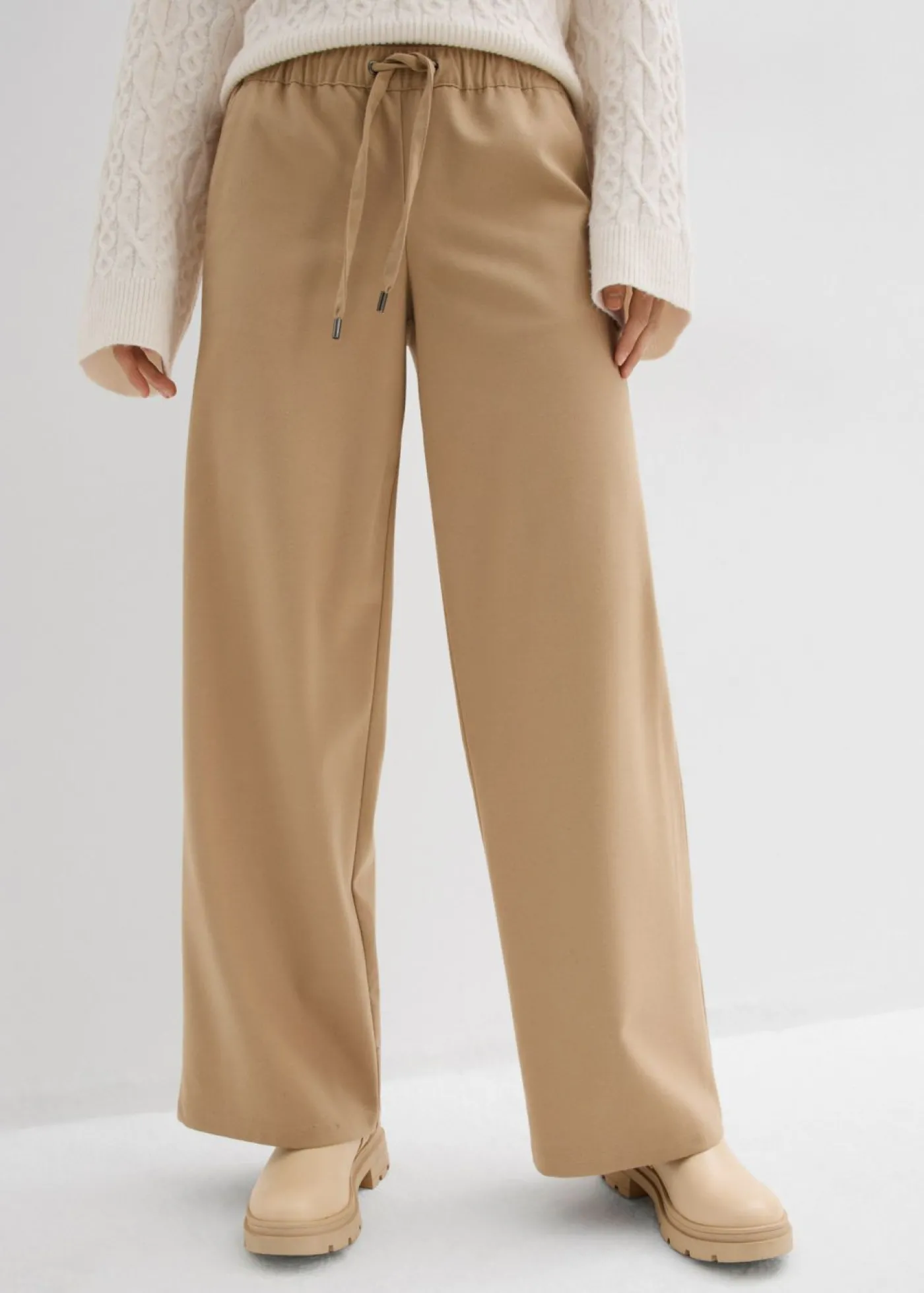 bonprix bonprix Pantalón con aspecto de lana y cinturilla cómoda Caqui claro Sale