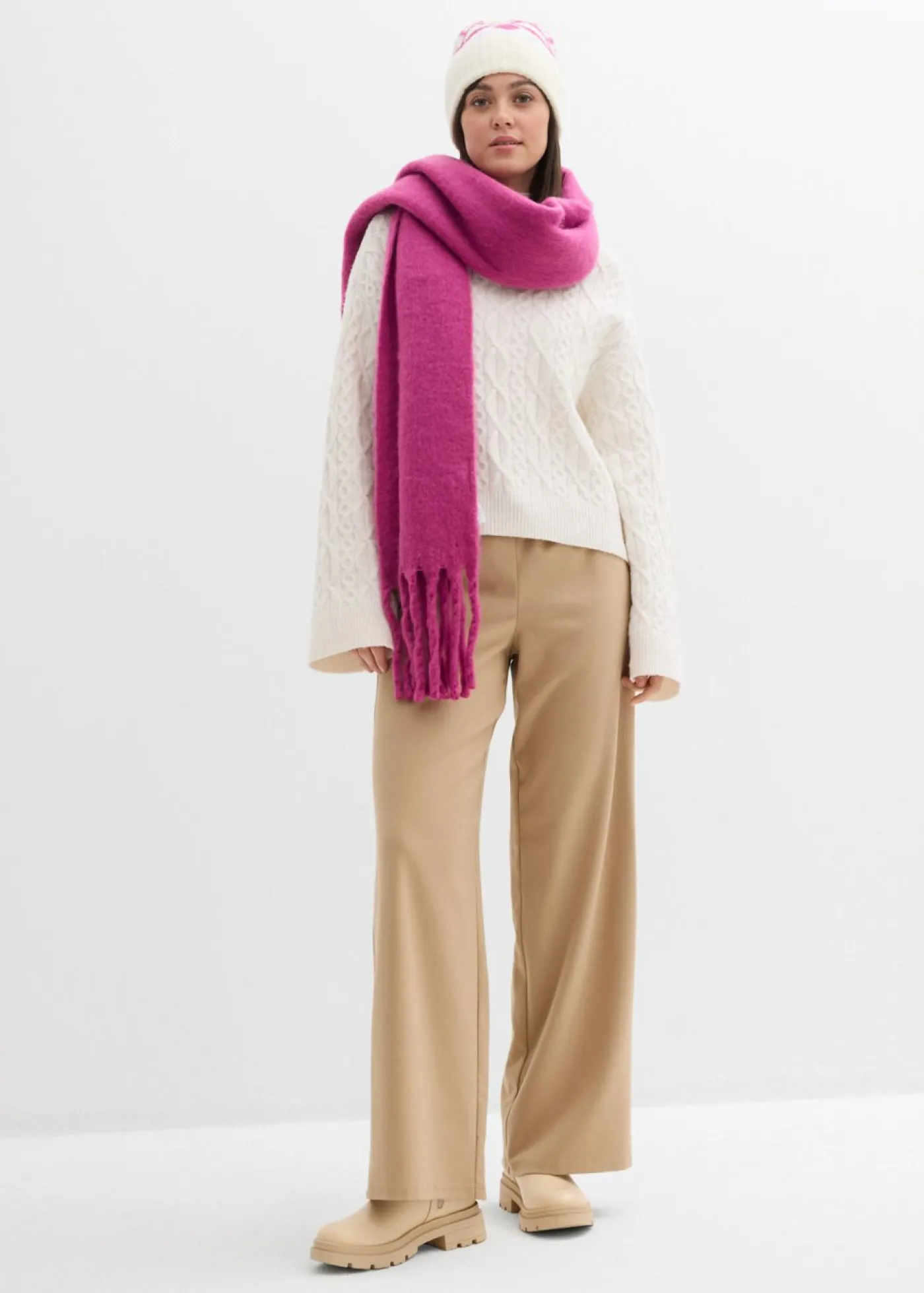 bonprix bonprix Pantalón con aspecto de lana y cinturilla cómoda Caqui claro Sale