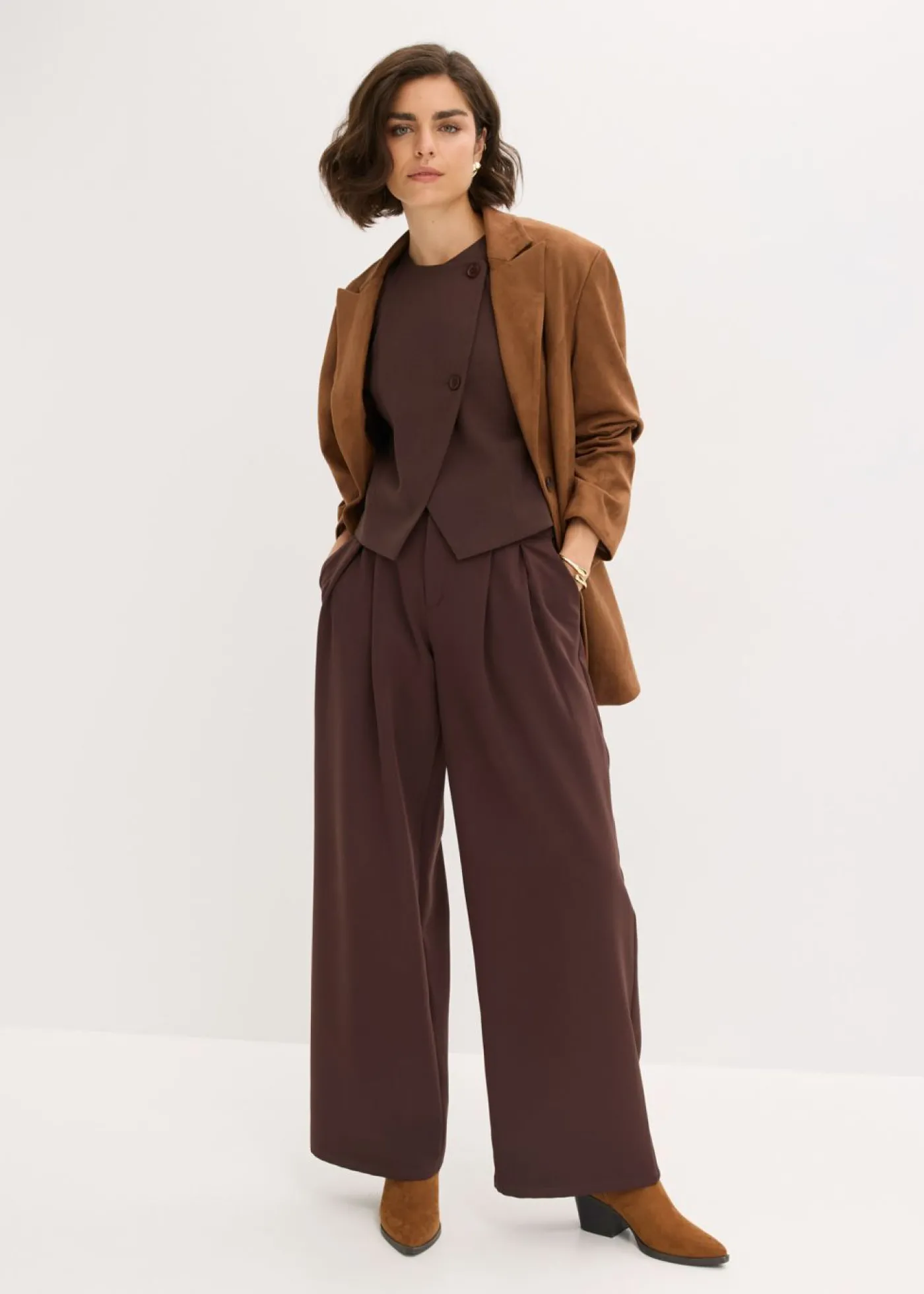 bonprix bonprix Pantalón con pinzas y cinturilla cómoda Marrón oscuro Sale