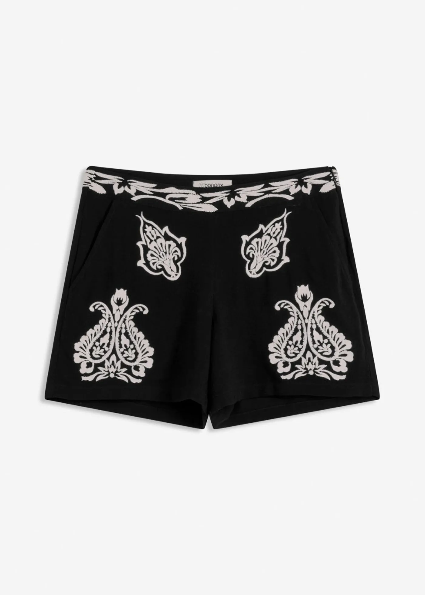 bonprix bonprix Pantalón corto con bordado de mezcla de viscosa suave Negro/blanco, otros
