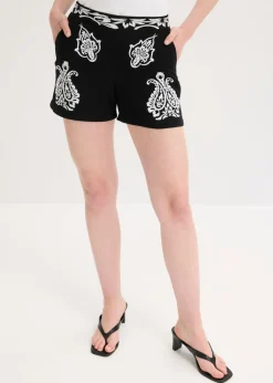 bonprix bonprix Pantalón corto con bordado de mezcla de viscosa suave Negro/blanco, otros