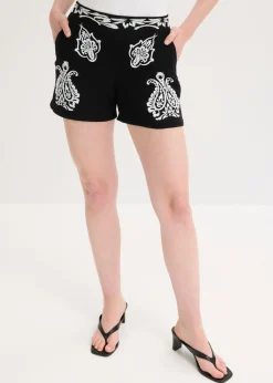 bonprix bonprix Pantalón corto con bordado de mezcla de viscosa suave Negro/blanco, otros