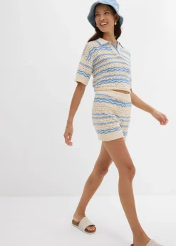 bonprix bonprix Pantalón corto de punto de mezcla de lino y algodón vaporoso marfil/azul provenzal con rayas