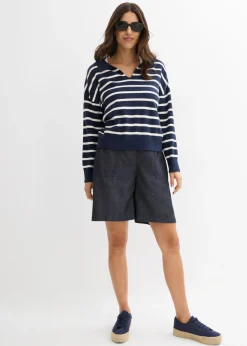 bonprix bonprix Pantalón corto sin cierre con mezcla de lino transpirable Azul oscuro denim Clearance