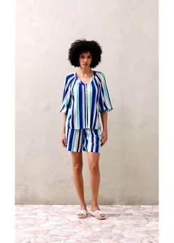 bonprix bonprix Pantalón corto sin cierre de viscosa fina azul ártico-azul claro-blanco con rayas Sale