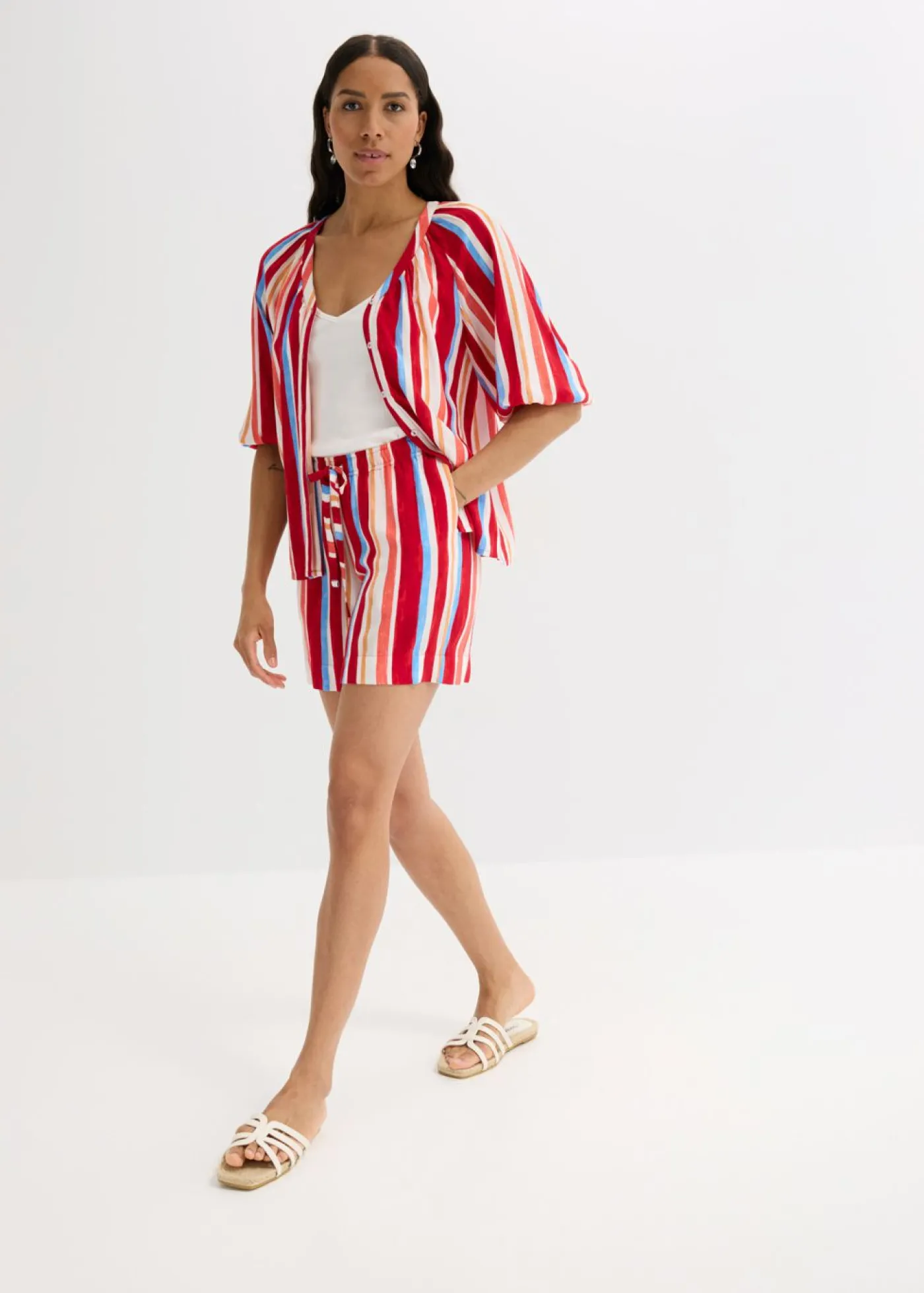 bonprix bonprix Pantalón corto sin cierre de viscosa fina rojo amapola-salmón claro-blanco con rayas Outlet