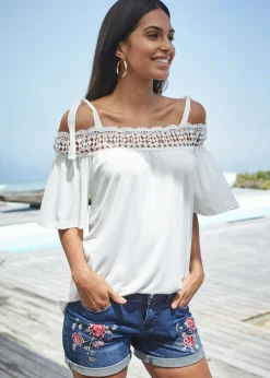 bonprix bonprix Pantalón corto vaquero con bordado Azul con flores Best