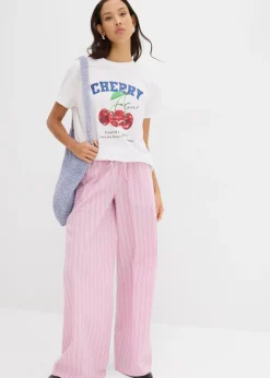 bonprix bonprix Pantalón de algodón puro rosa/blanco con rayas Sale