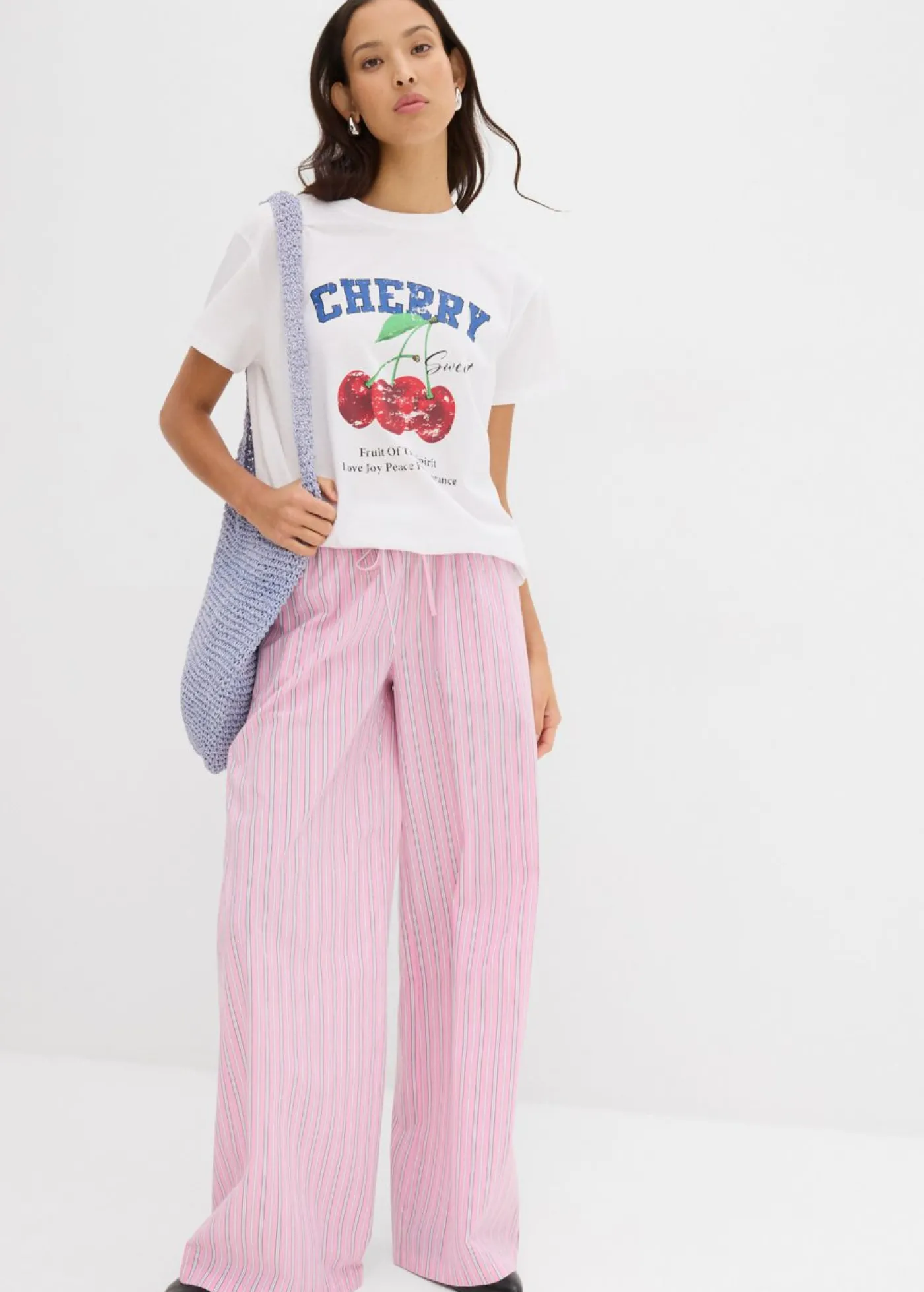 bonprix bonprix Pantalón de algodón puro rosa/blanco con rayas Sale
