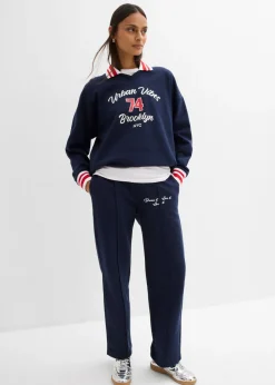 bonprix bonprix Pantalón de chándal de algodón ecológico puro azul marino-fresa-blanco Outlet