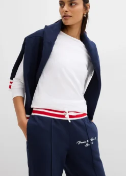 bonprix bonprix Pantalón de chándal de algodón ecológico puro azul marino-fresa-blanco Outlet
