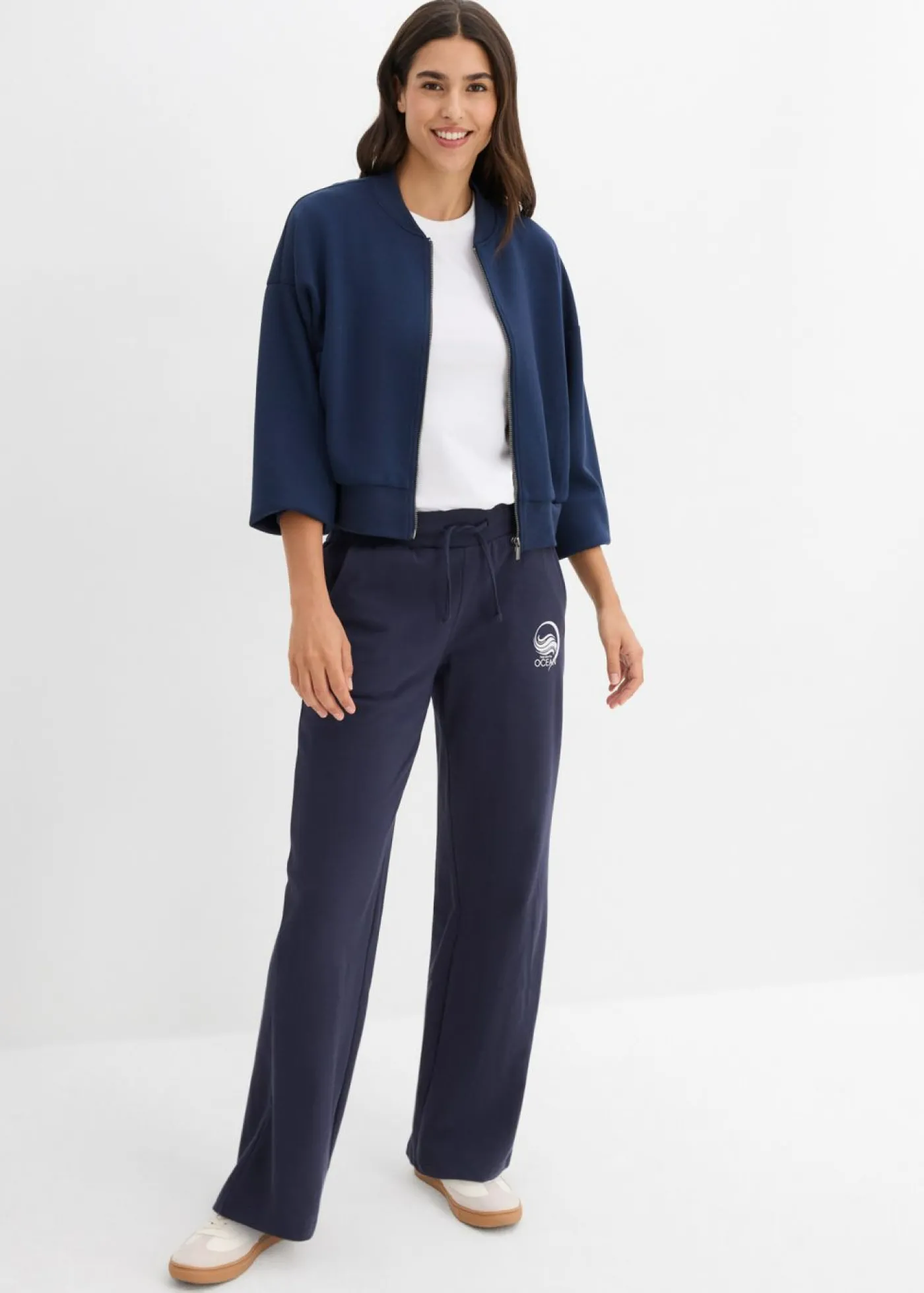bonprix bonprix Pantalón de chándal de algodón puro Azul marino-blanco Discount