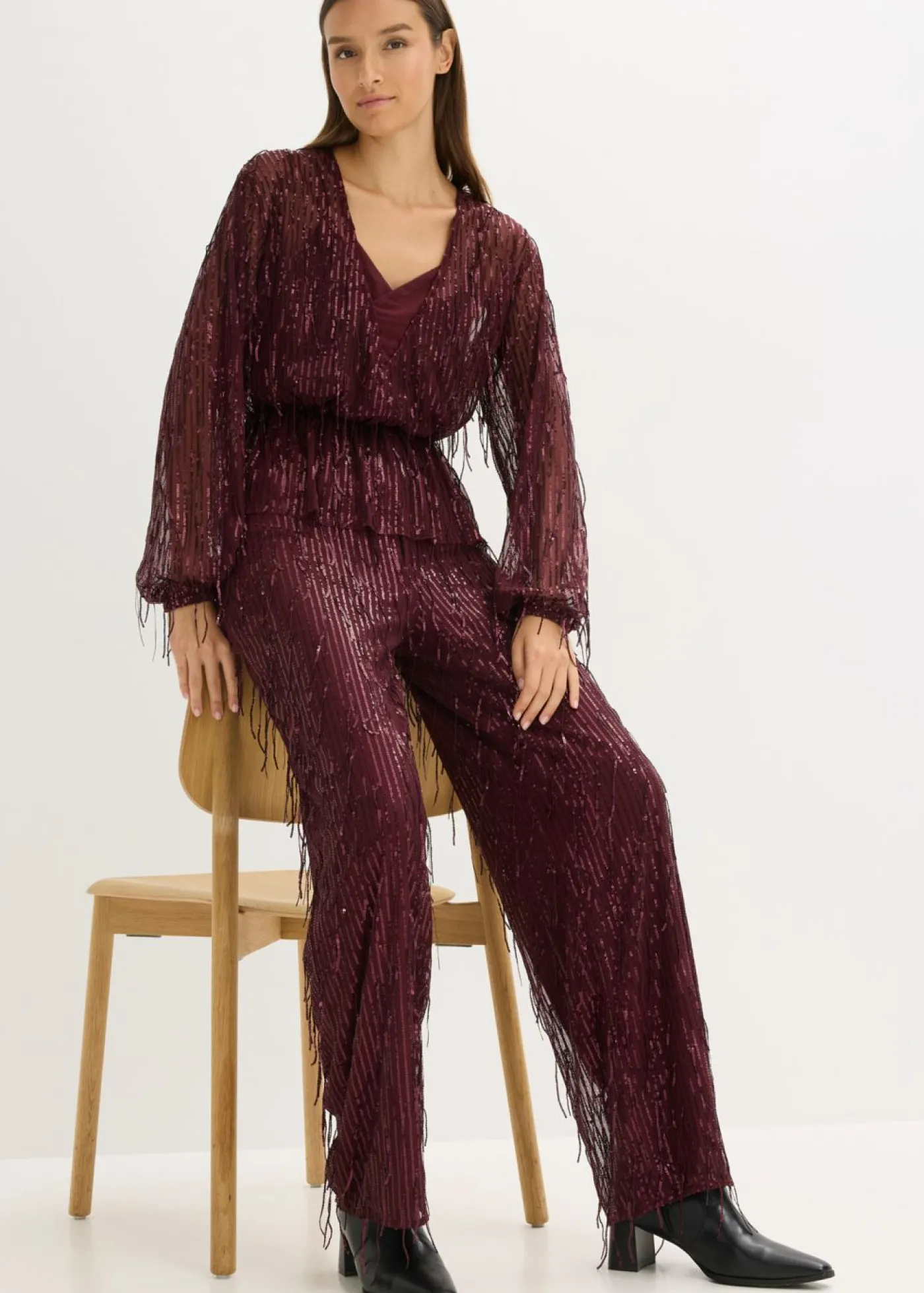 bonprix bonprix Pantalón de lentejuelas con flecos rojo burdeos Sale