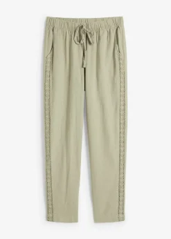 bonprix bonprix Pantalón de lino con encaje lateral, tobillero Caqui nuevo Outlet