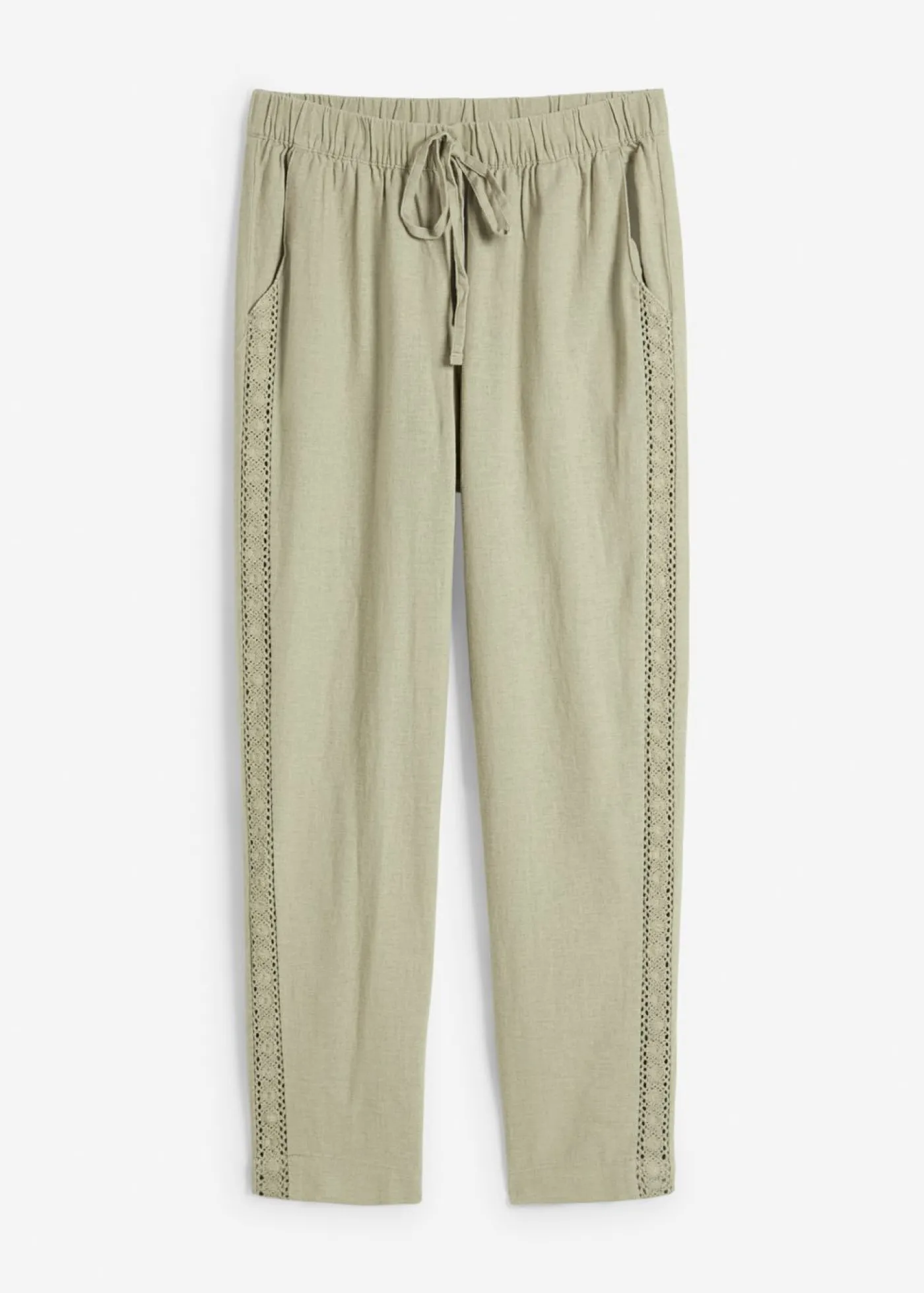bonprix bonprix Pantalón de lino con encaje lateral, tobillero Caqui nuevo Outlet