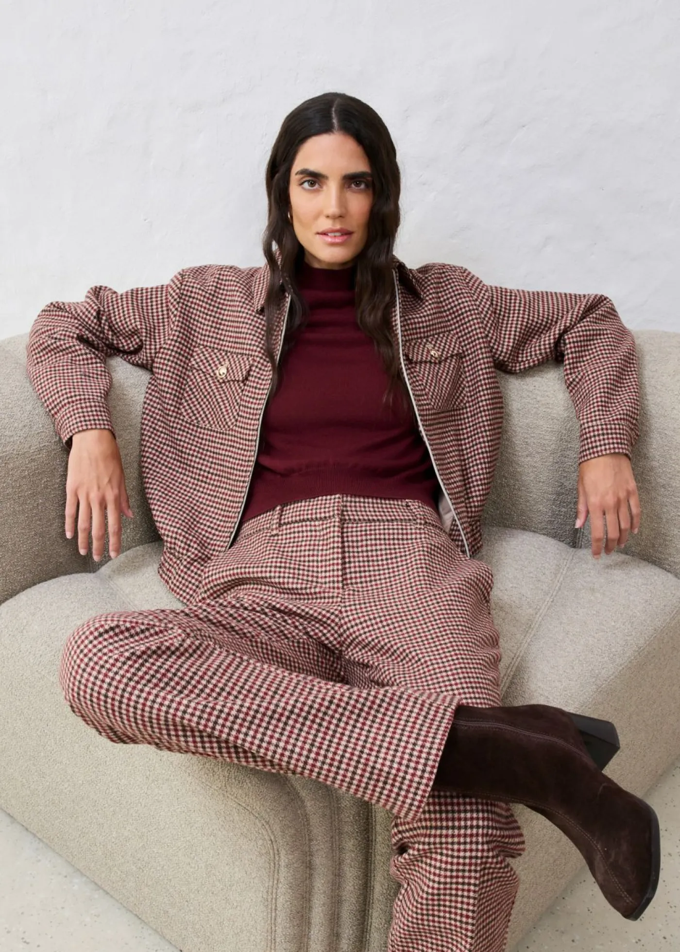bonprix bonprix Pantalón de mezcla de lana suave Beige almendra/marrón oscuro de cuadros Clearance
