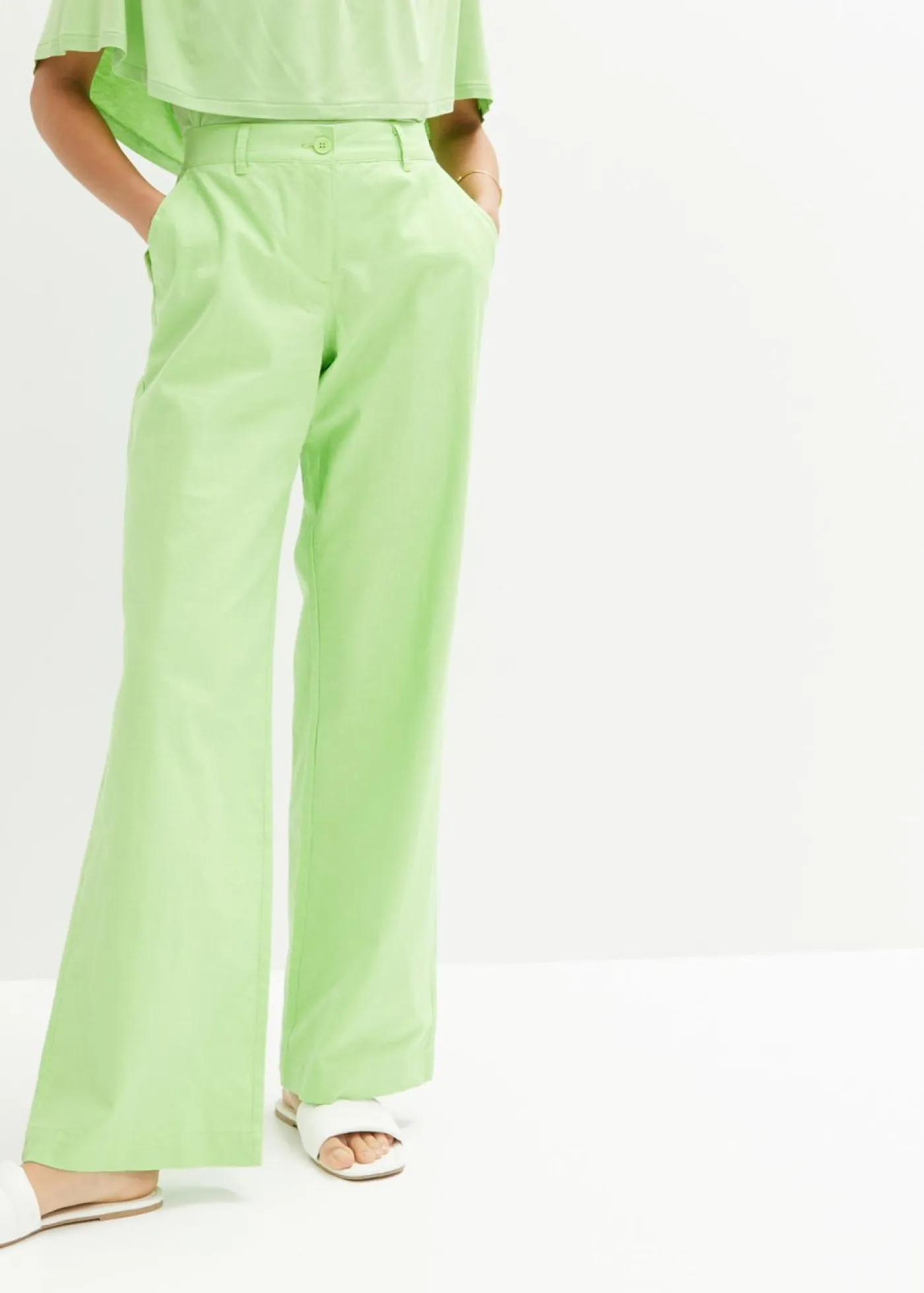 bonprix bonprix Pantalón de mezcla de lino y algodón Verde apio Sale
