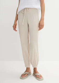 bonprix bonprix Pantalón de muselina con cintura de nido de abeja gris piedra Online