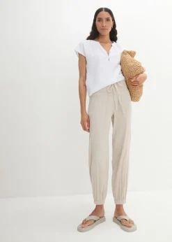 bonprix bonprix Pantalón de muselina con cintura de nido de abeja gris piedra Online