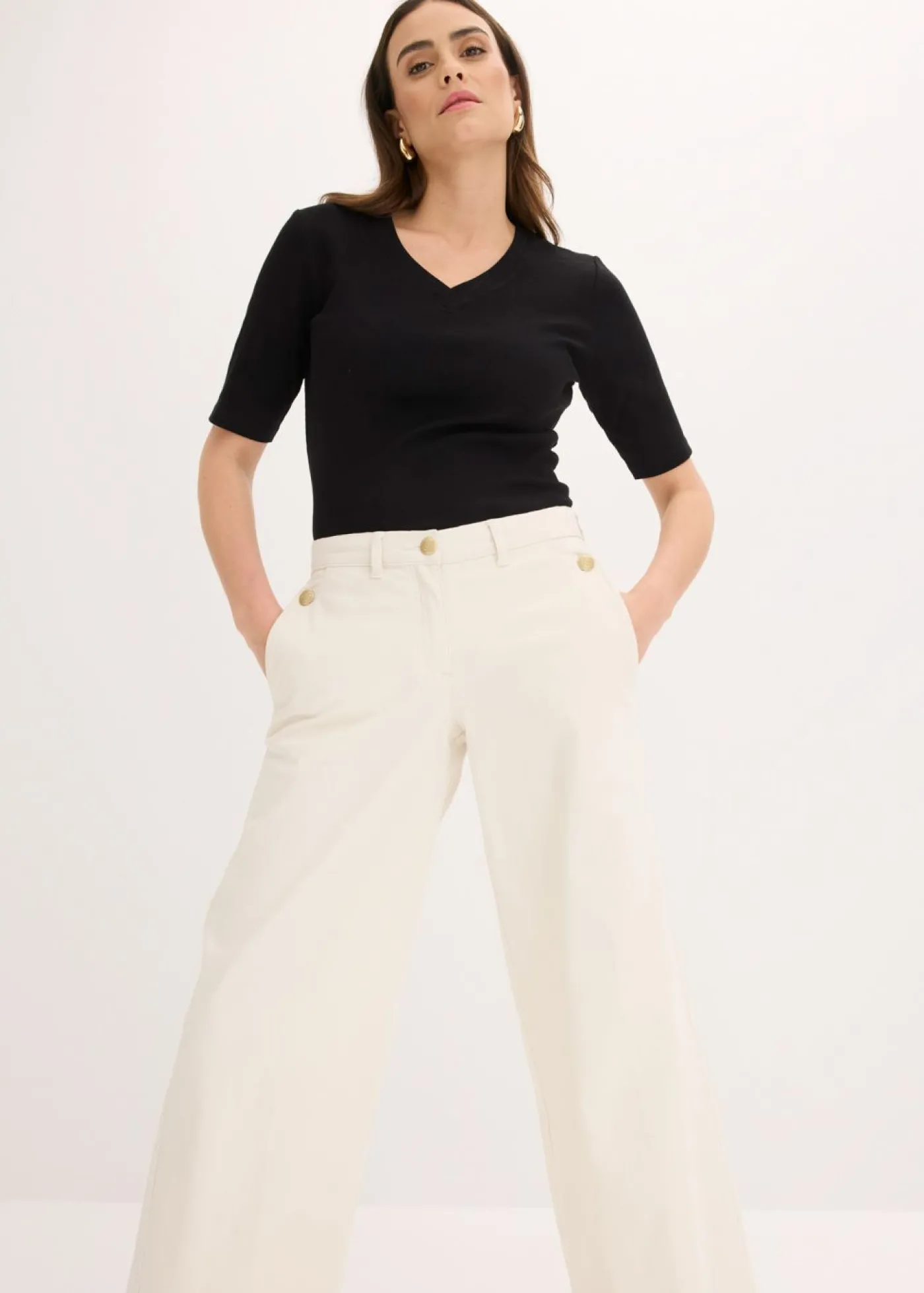 bonprix bonprix Pantalón de pernera ancha con elástico Beige natural