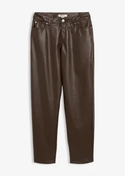 bonprix bonprix Pantalón de piel sintético con corte barrel y talle medio Marrón oscuro Sale