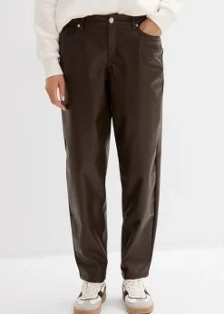 bonprix bonprix Pantalón de piel sintético con corte barrel y talle medio Marrón oscuro Sale