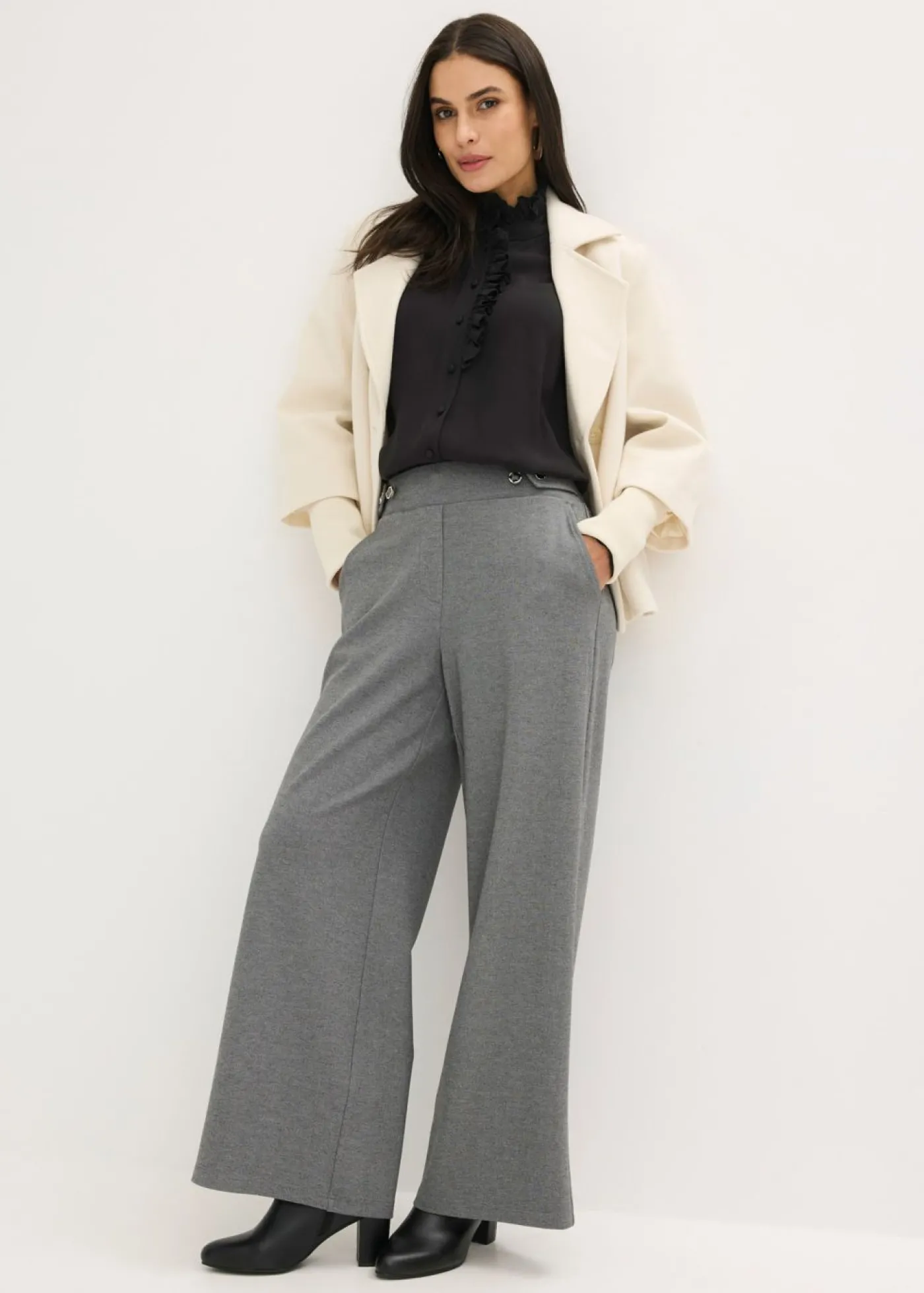 bonprix bonprix Pantalón de punto con cierre decorativo Gris jaspeado Sale