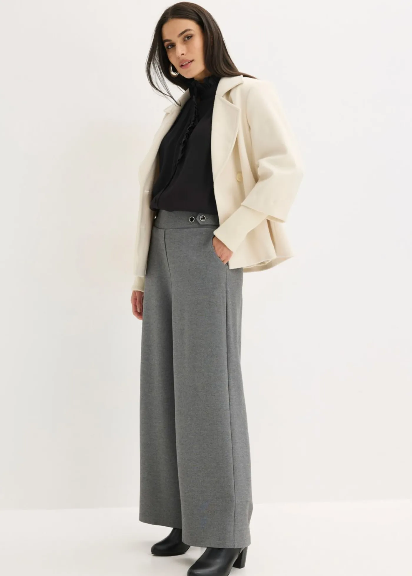 bonprix bonprix Pantalón de punto con cierre decorativo Gris jaspeado Sale