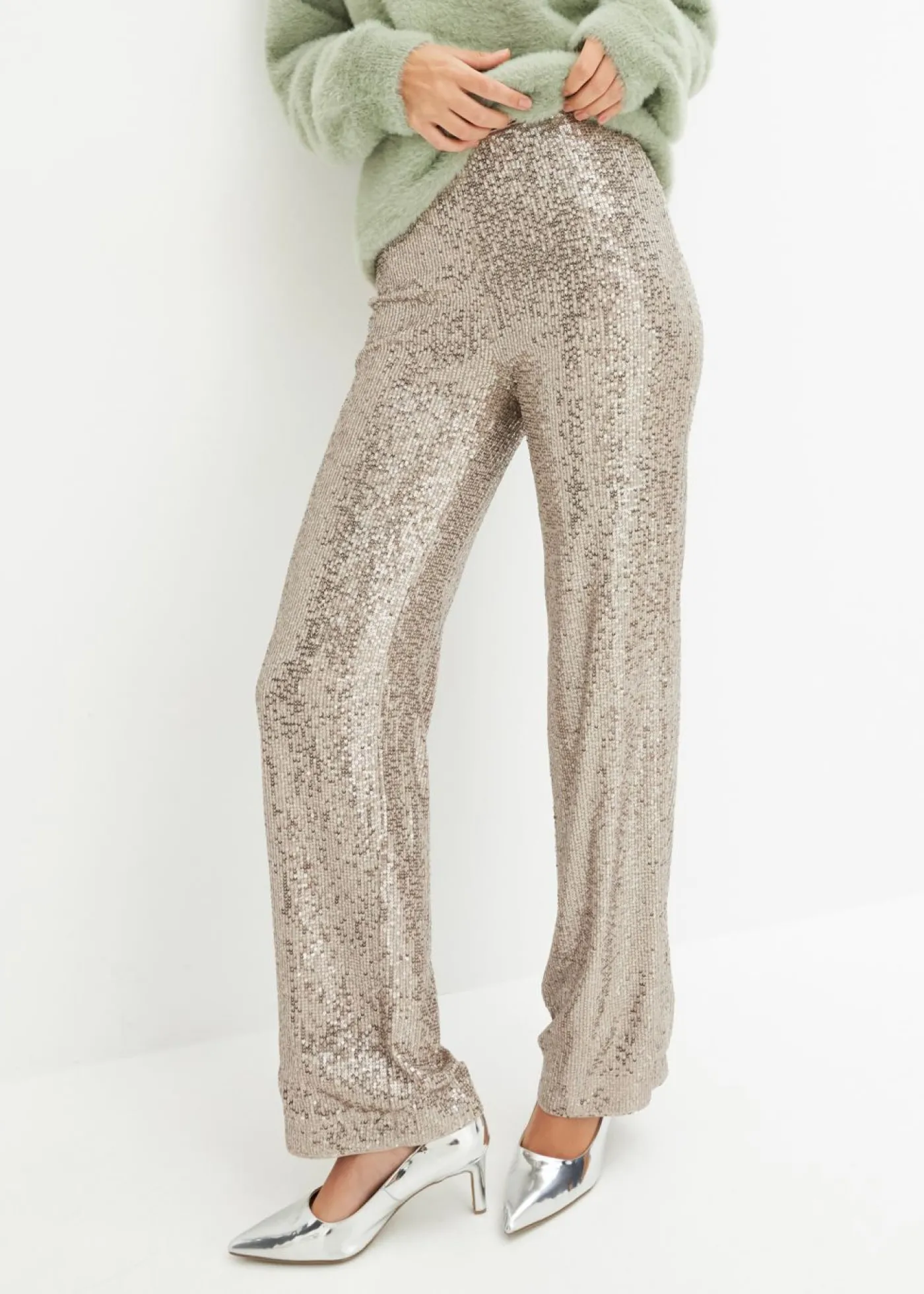 bonprix bonprix Pantalón de punto con lentejuelas Piedra