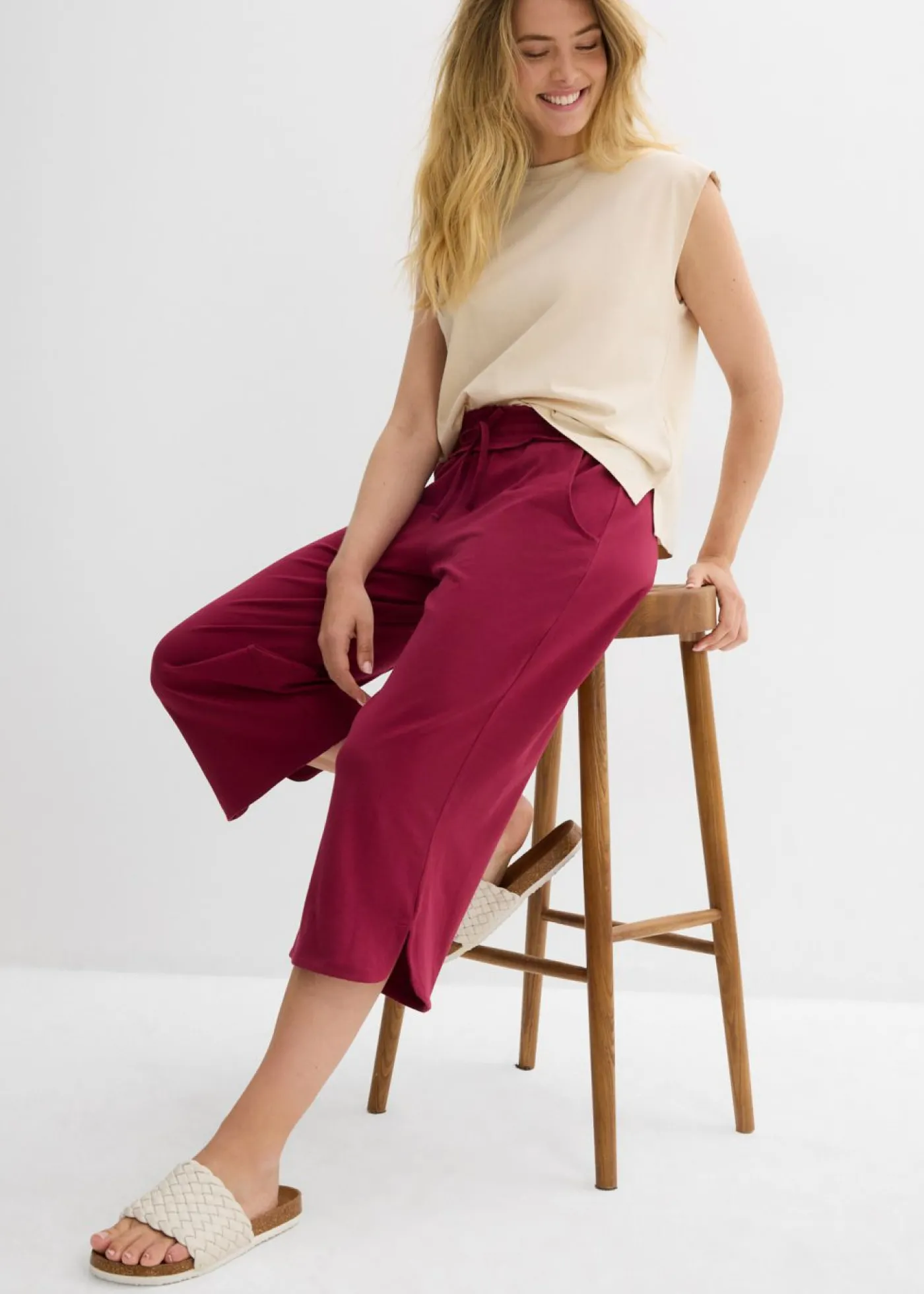 bonprix bonprix Pantalón de punto de mezcla de algodón Rojo azalea Online