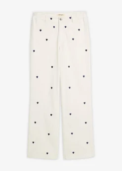 bonprix bonprix Pantalón de sarga con bordado Blanco lana/azul marino Sale