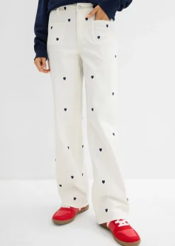 bonprix bonprix Pantalón de sarga con bordado Blanco lana/azul marino Sale