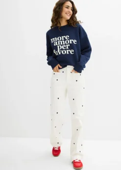 bonprix bonprix Pantalón de sarga con bordado Blanco lana/azul marino Sale
