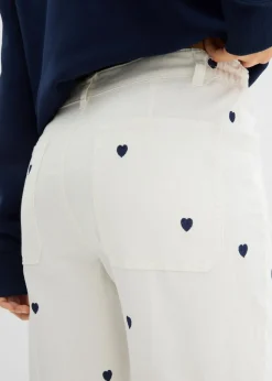 bonprix bonprix Pantalón de sarga con bordado Blanco lana/azul marino Sale
